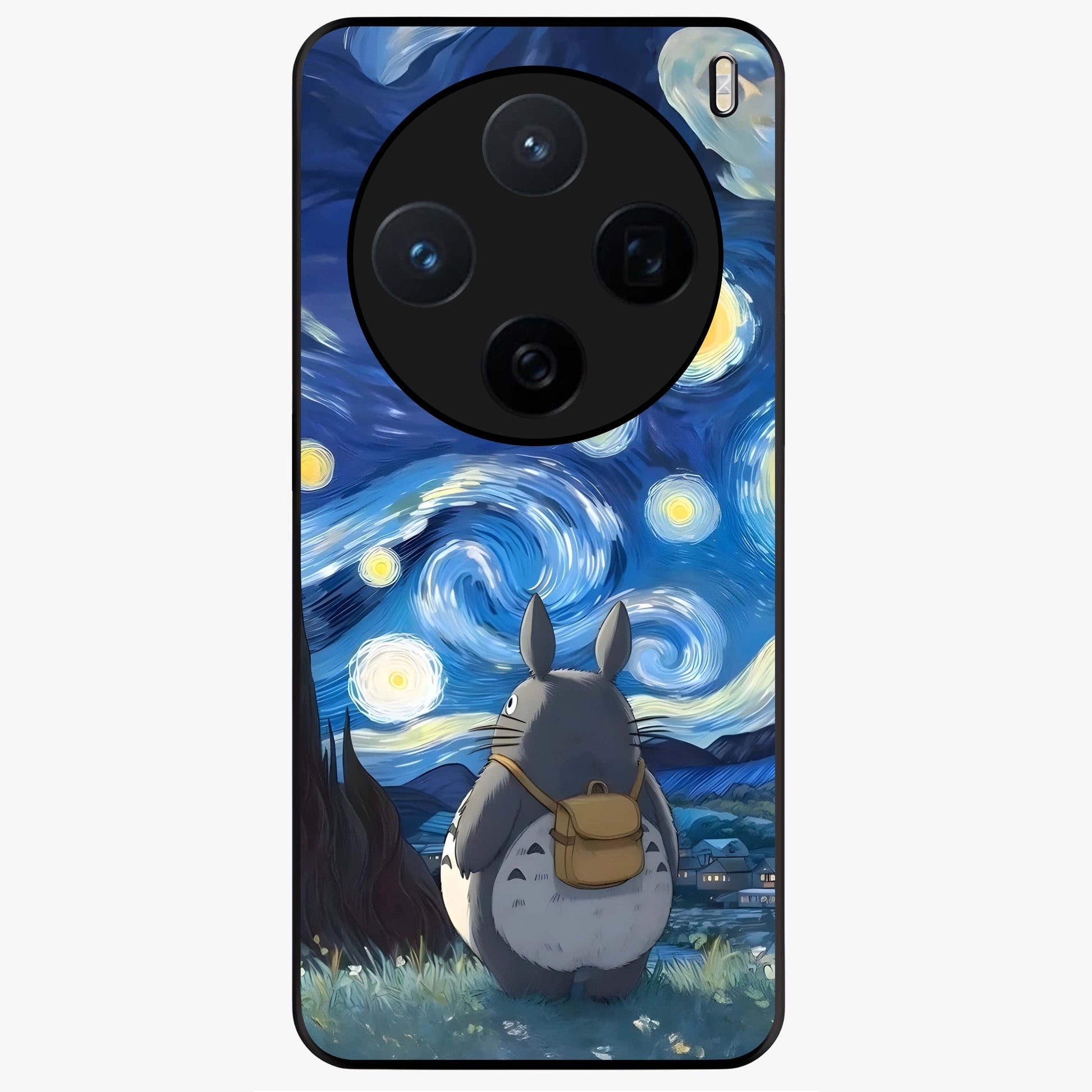 Totoro In Van Gogh Art Glass Case showing flat back view with whimsical character artwork inspired by Van Gogh style and glossy glass finish.