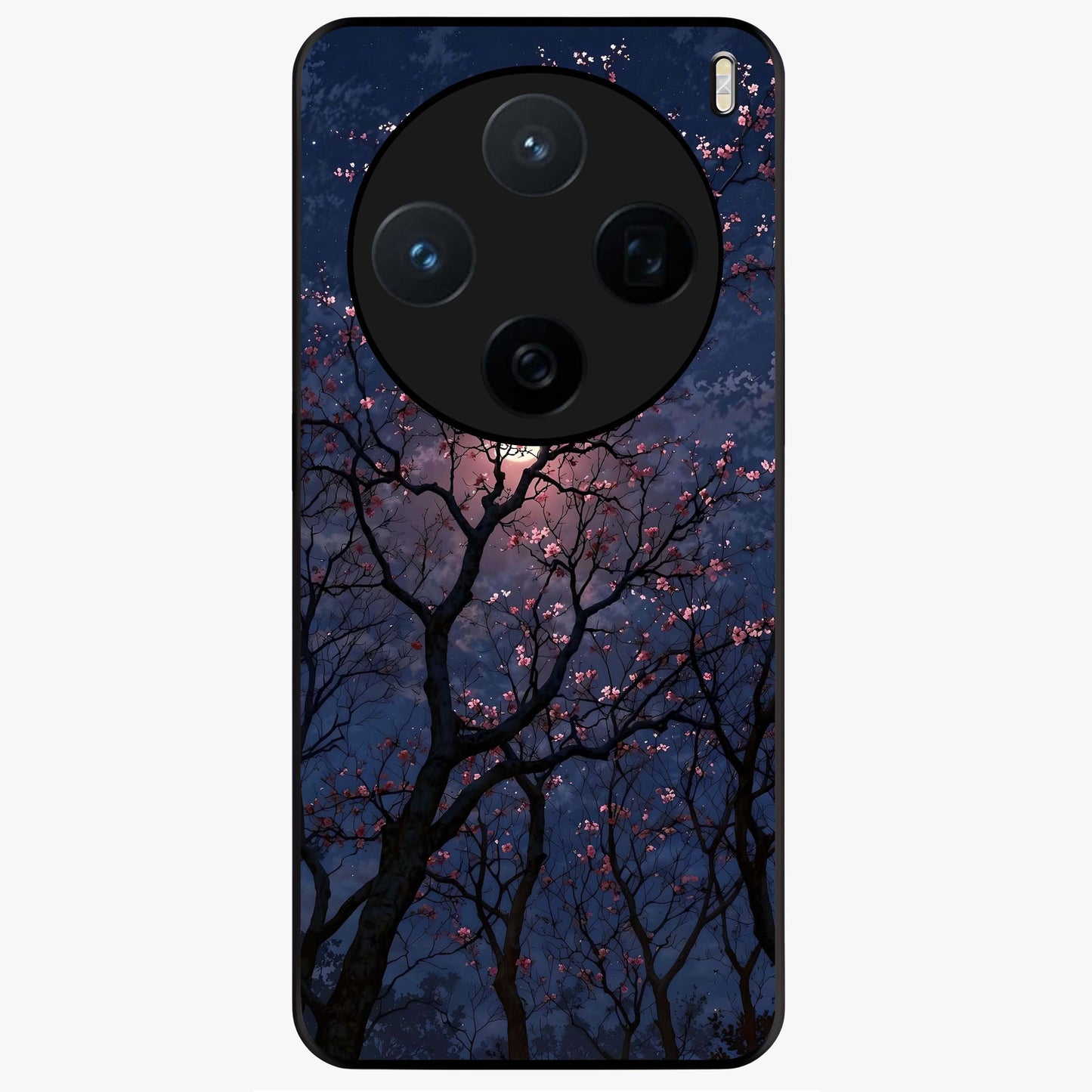 Twilight Sakura Serenade Glass Case showing flat back view with cherry blossom artwork at twilight and glossy glass finish.