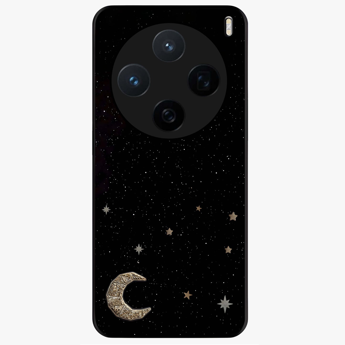 Twinkle Star With Half Moon Glass Case showing flat back view with star and half moon artwork and glossy glass finish.