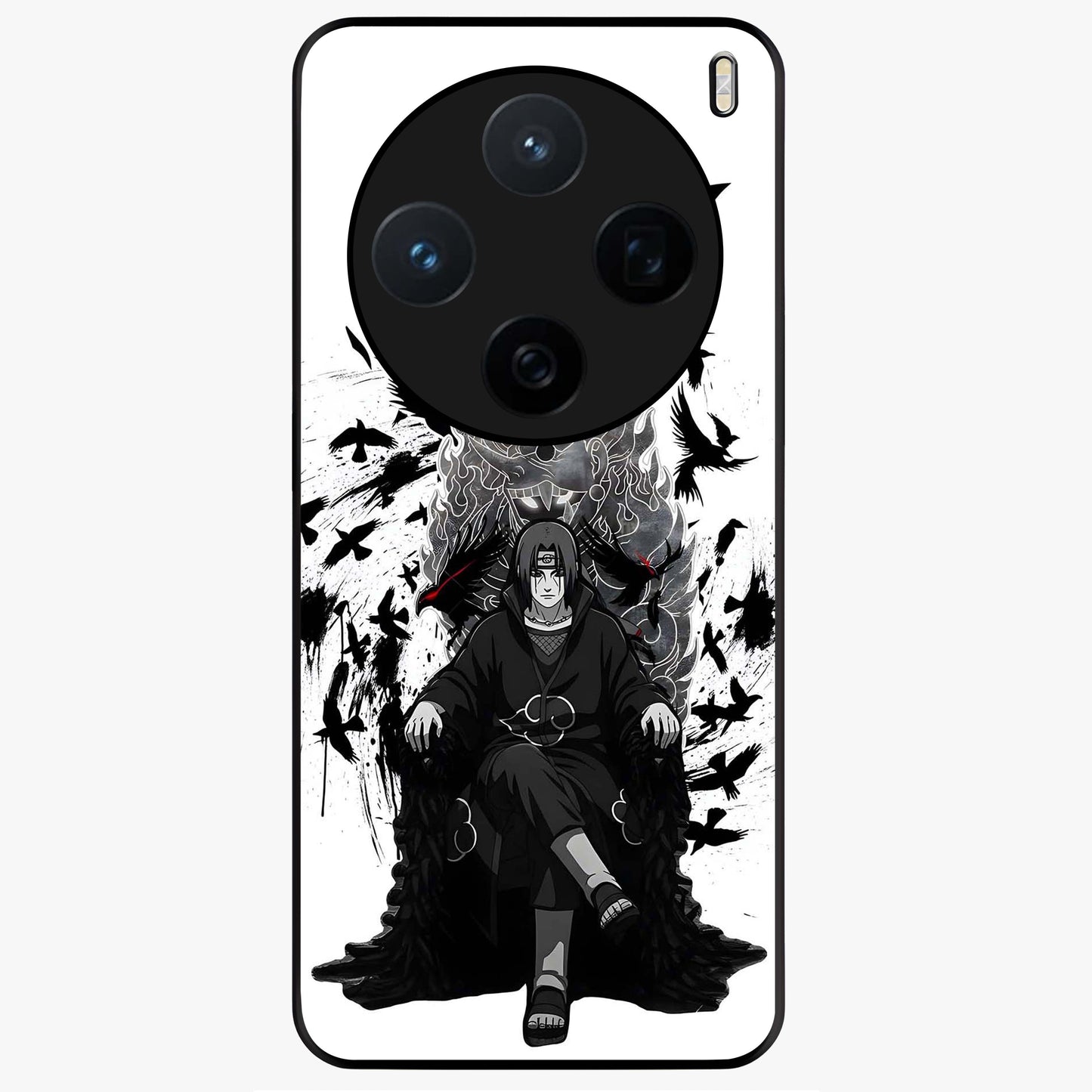 Uchiha Shadow Throne Glass Case showing flat back view with cosmic underwater themed artwork and glossy glass finish.
