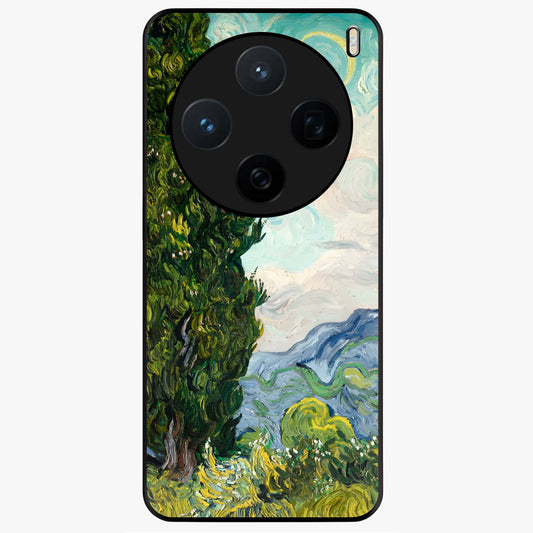 Van Gogh Vintage Art Glass Case showing flat back view with vintage painterly artwork inspired by Van Gogh style and glossy glass finish.