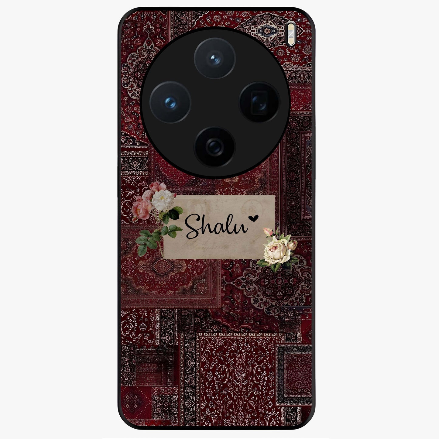 Velvet Wine Pattern Custom Name Glass Case showing flat back view with elegant wine colored pattern artwork and personalized name design.
