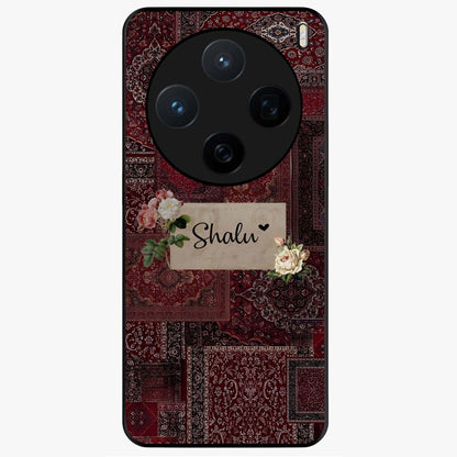 Velvet Wine Pattern Custom Name Glass Case showing flat back view with elegant wine colored pattern artwork and personalized name design.