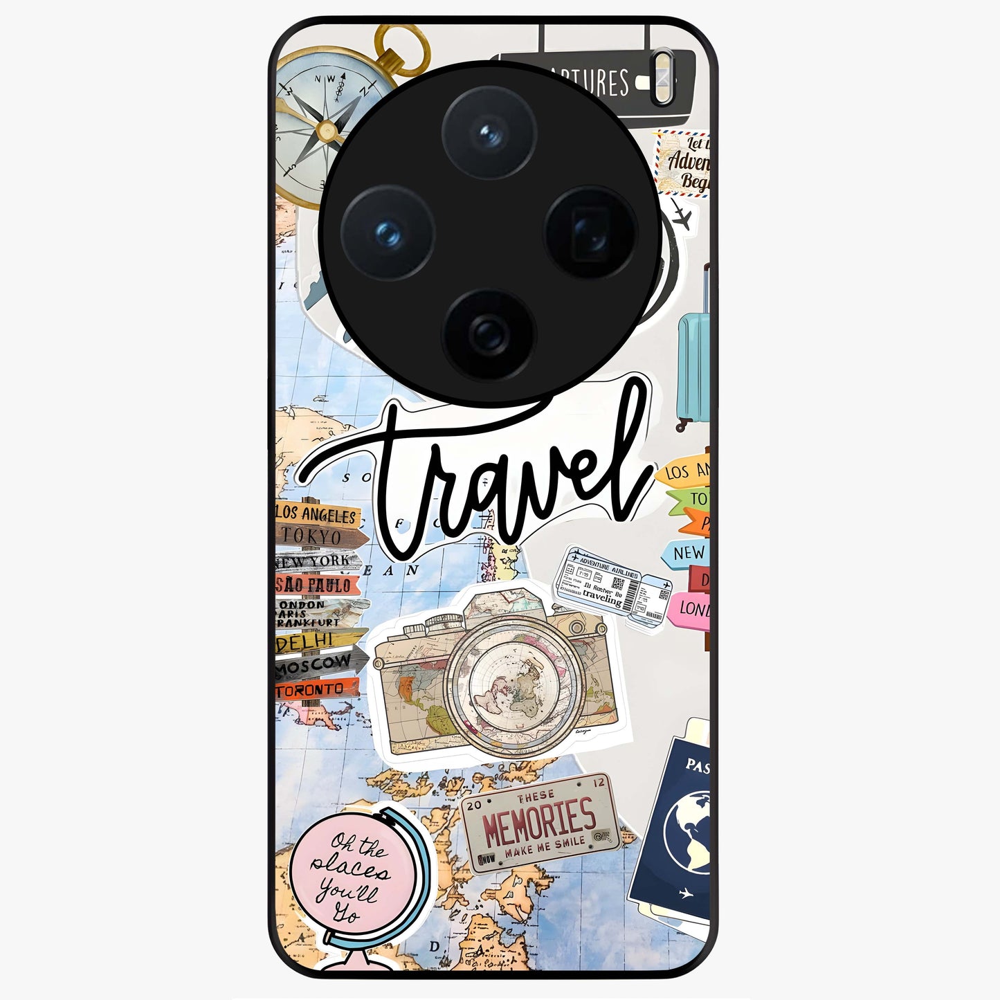 Wanderlust Journal Glass Case showing flat back view with travel inspired artwork and glossy glass finish.