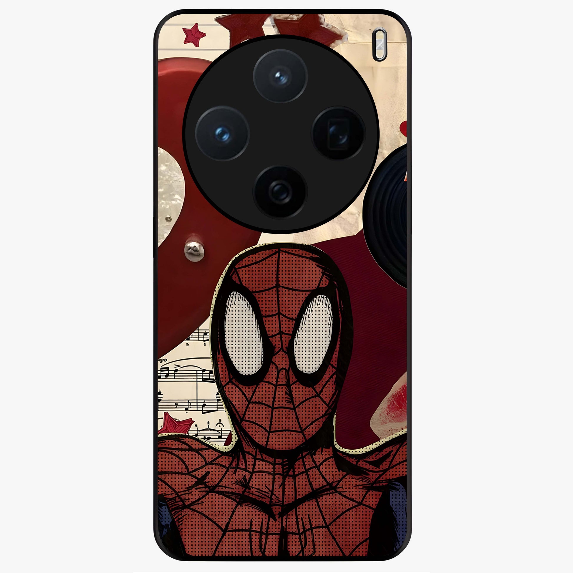 Web Warrior Vibes Glass Case showing flat back view with superhero inspired web themed artwork and glossy glass finish.