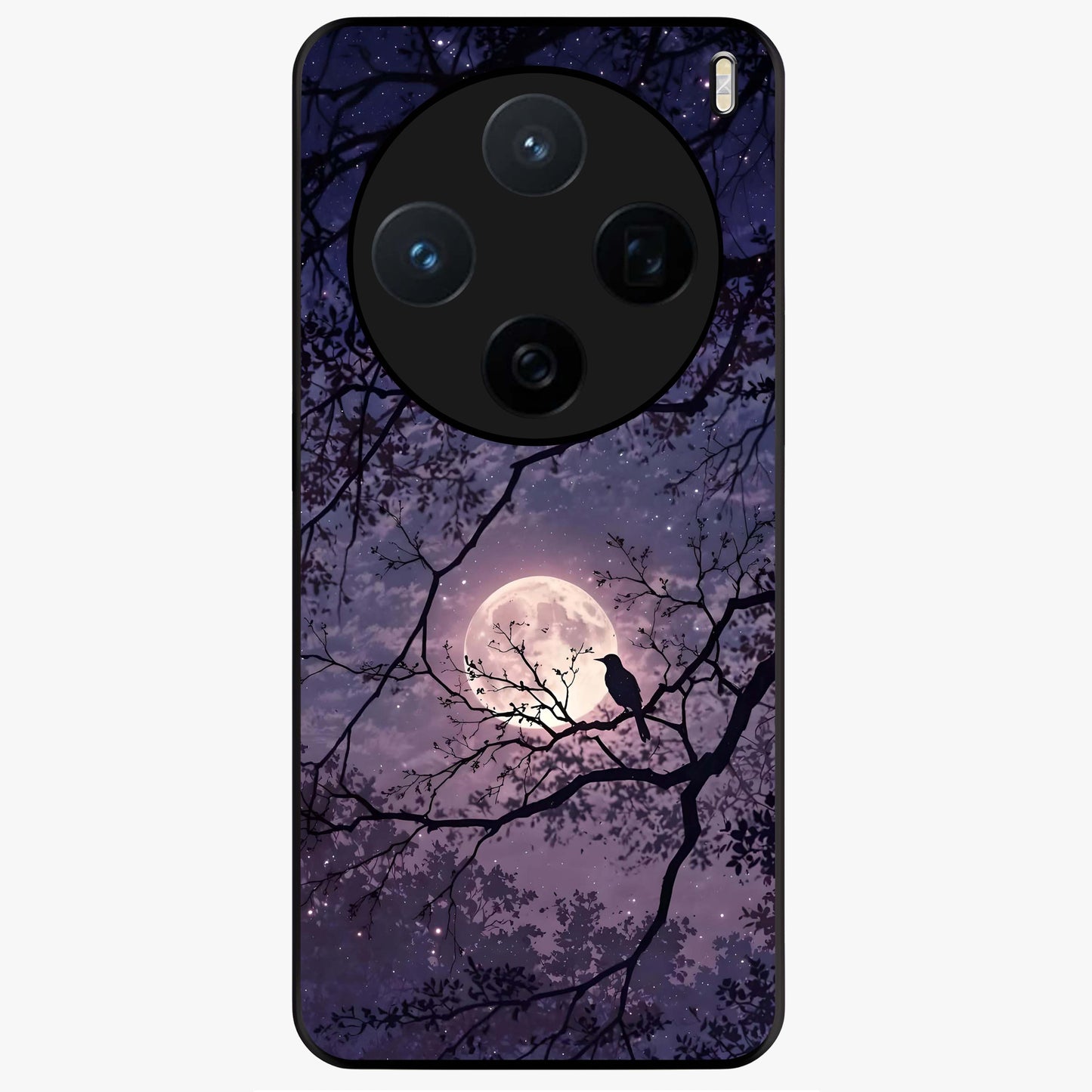 Whispering Moon Silence Glass Case showing flat back view with serene moon themed artwork and glossy glass finish.