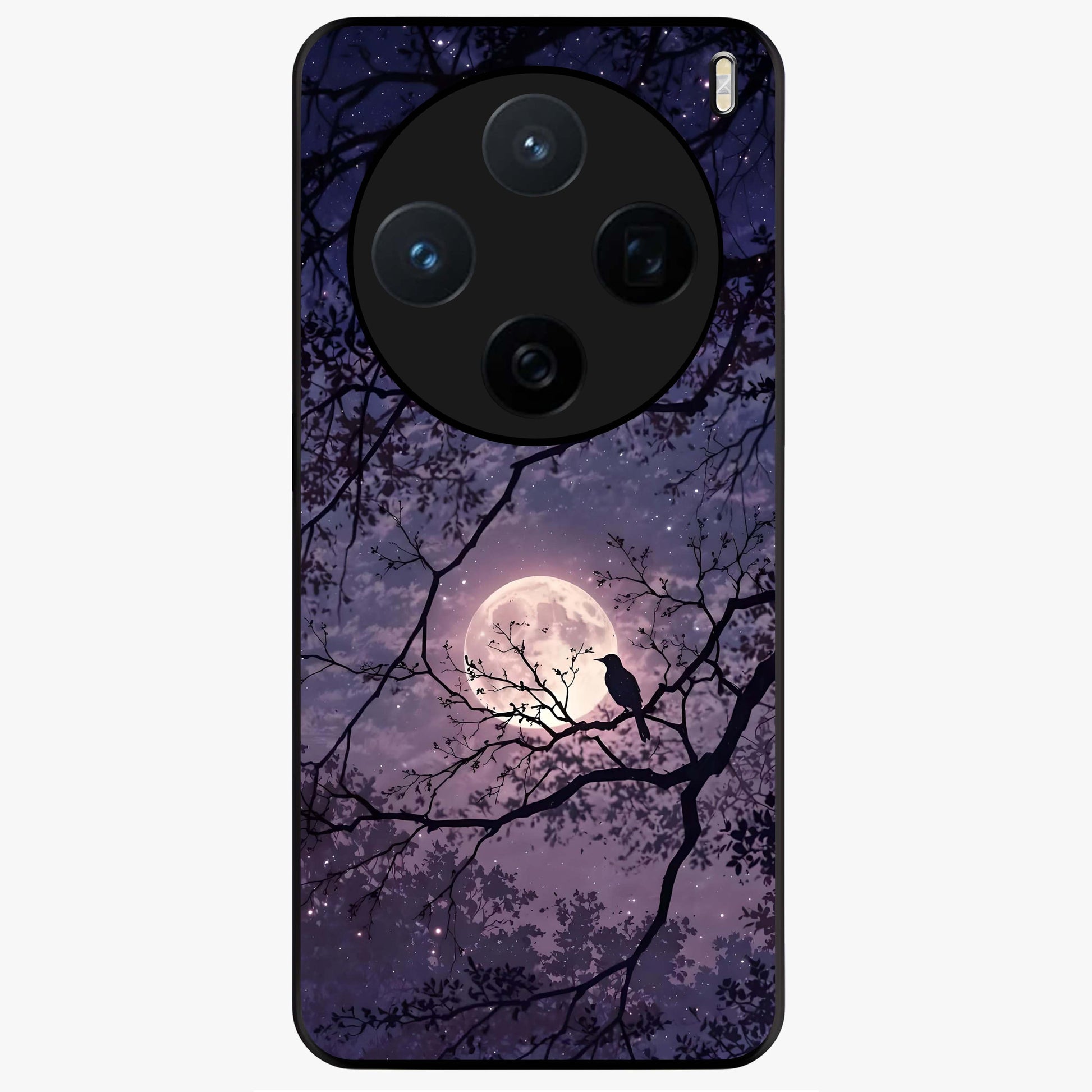 Whispering Moon Silence Glass Case showing flat back view with serene moon themed artwork and glossy glass finish.