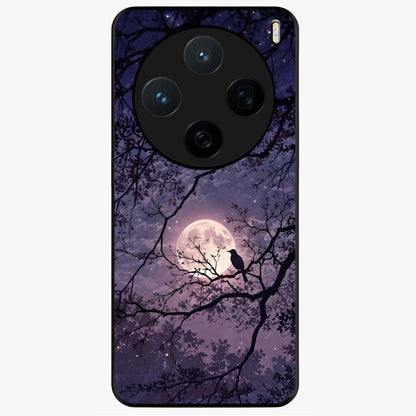 Whispering Moon Silence Glass Case showing flat back view with serene moon themed artwork and glossy glass finish.