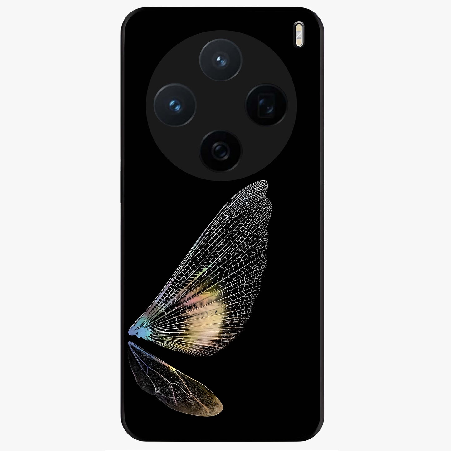 Whispers Of Wings Glass Case showing flat back view with graceful wing inspired artwork and glossy glass finish.