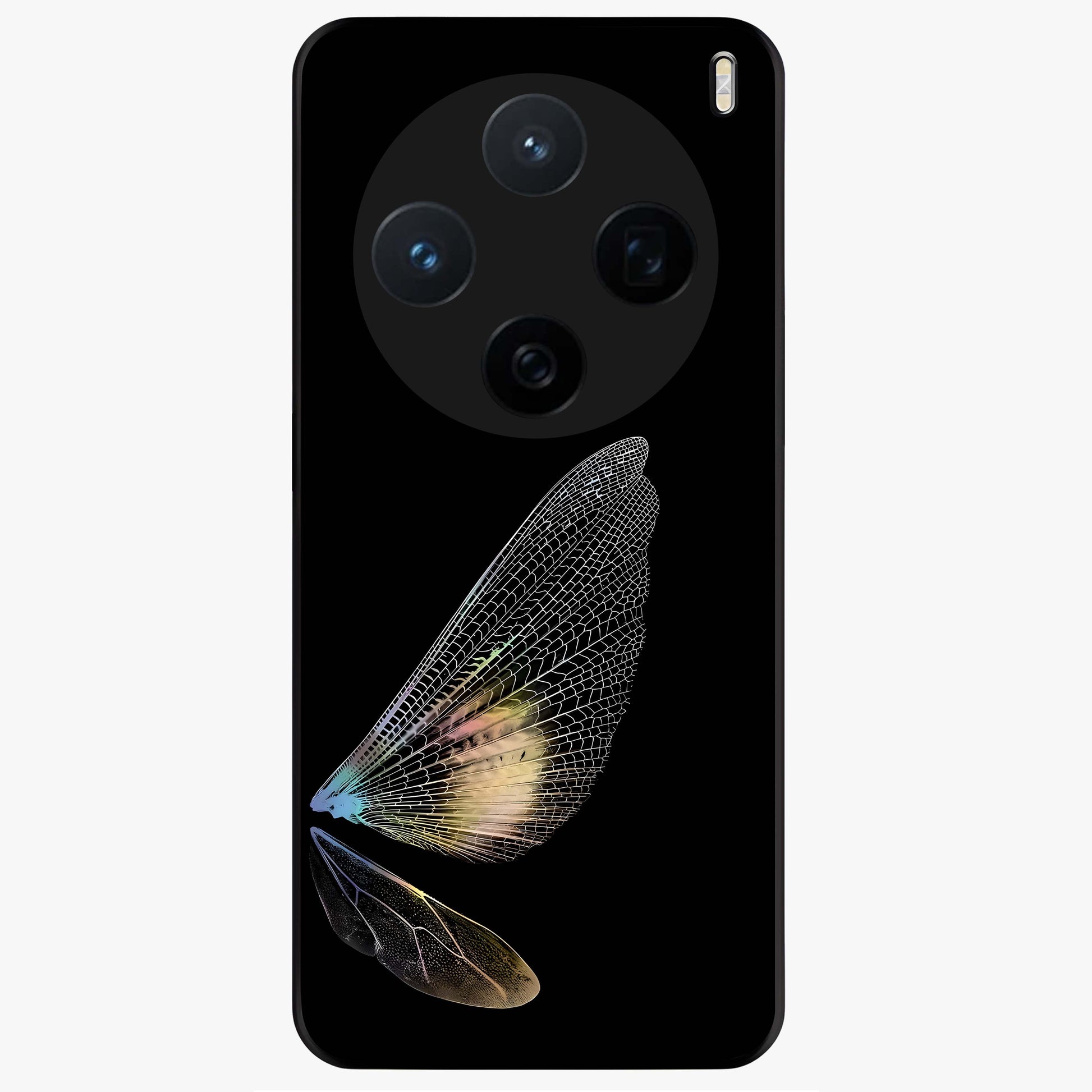Whispers Of Wings Glass Case showing flat back view with graceful wing inspired artwork and glossy glass finish.