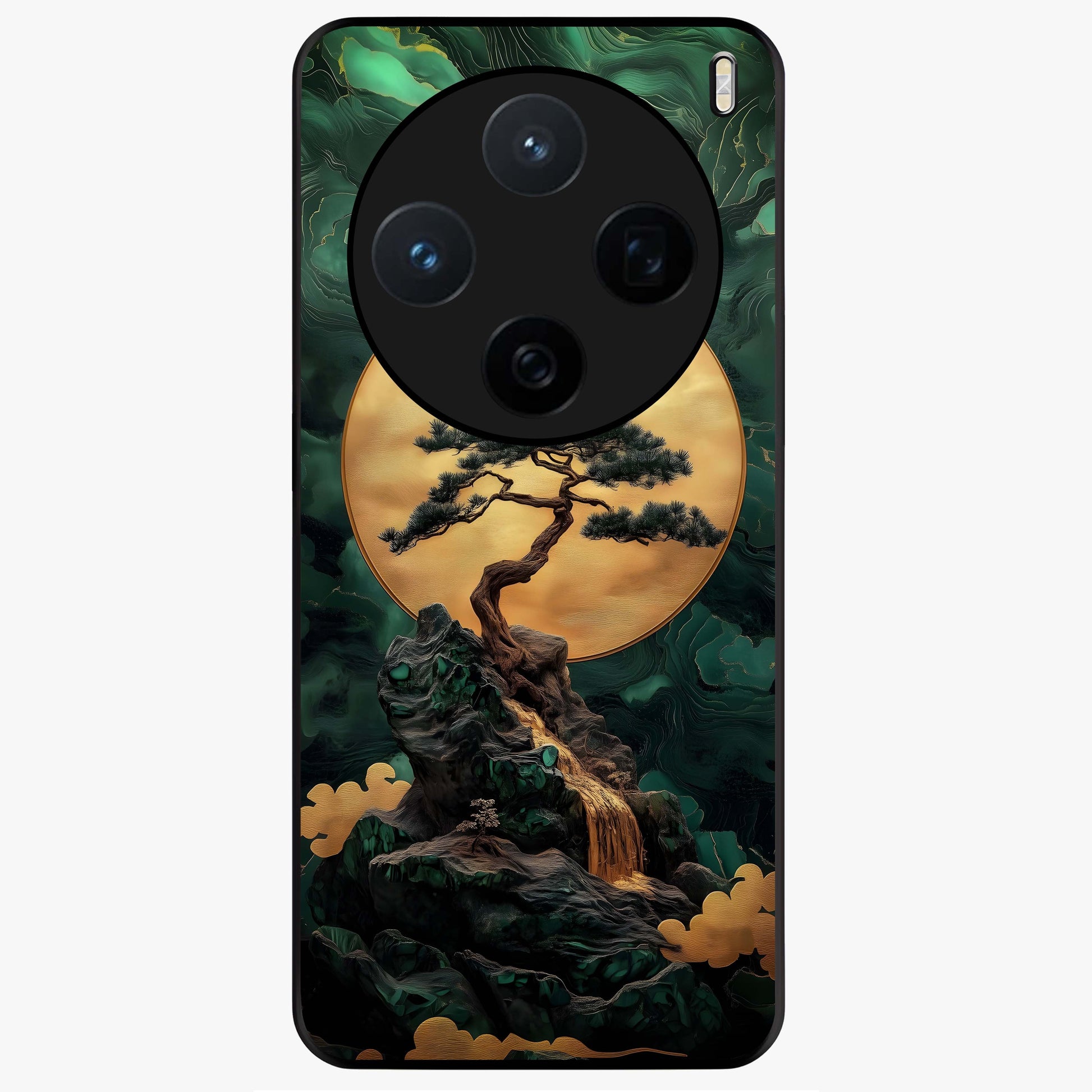 Zen Moon Rise Glass Case showing flat back view with calm moonrise artwork and glossy glass finish.