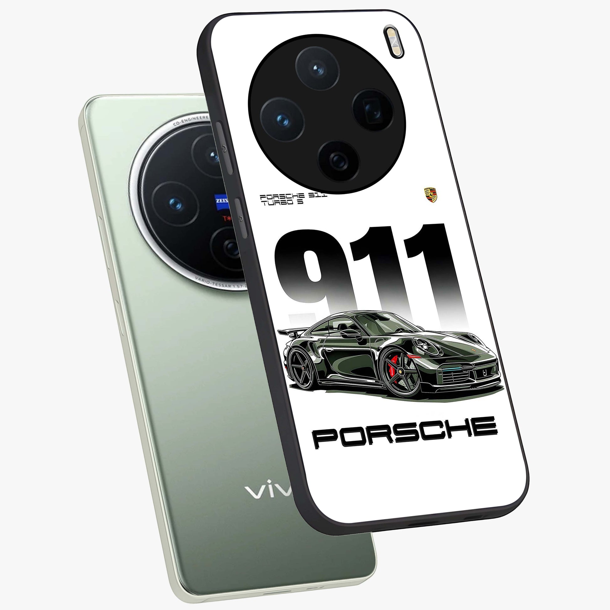 911 Turbo Dominance Glass Case displayed in premium angled mockup highlighting sporty car illustration and sleek glass surface.
