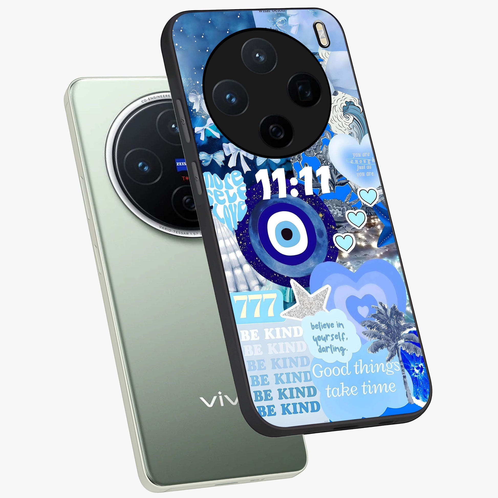 Aesthetic Be Kind Eye Glass Case displayed in angled mockup highlighting aesthetic eye design and inspirational vibe.