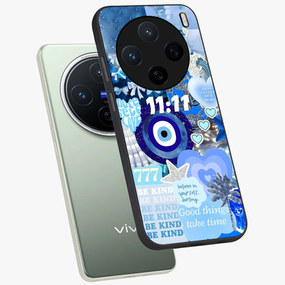 Aesthetic Be Kind Eye Glass Case displayed in angled mockup highlighting aesthetic eye design and inspirational vibe.