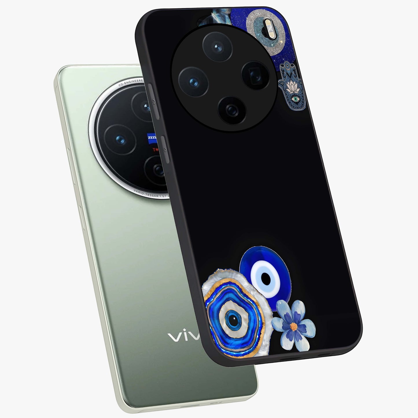 Aesthetic Blue Evil Eye Glass Case displayed in angled mockup highlighting blue evil eye symbol and spiritual aesthetic design.
