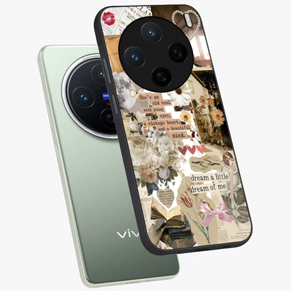 Aesthetic Brown Vintage Collage Glass Case displayed in angled mockup highlighting vintage aesthetic collage design.