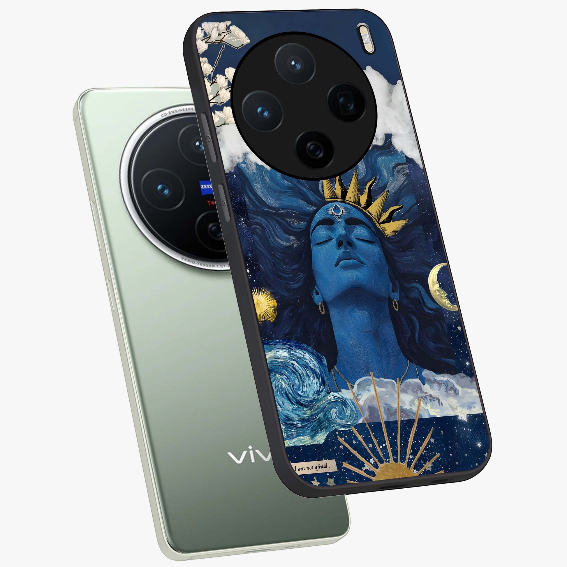 Aesthetic Lord Shiva Glass Case displayed in angled mockup highlighting spiritual Shiva illustration and sacred aesthetic design.