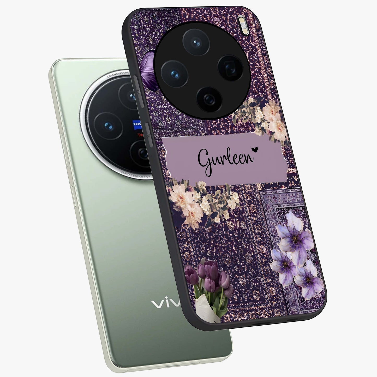 Antique Floral Whisper Custom Name Glass Case displayed in angled mockup highlighting elegant antique floral aesthetic.