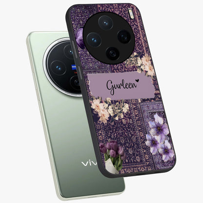 Antique Floral Whisper Custom Name Glass Case displayed in angled mockup highlighting elegant antique floral aesthetic.