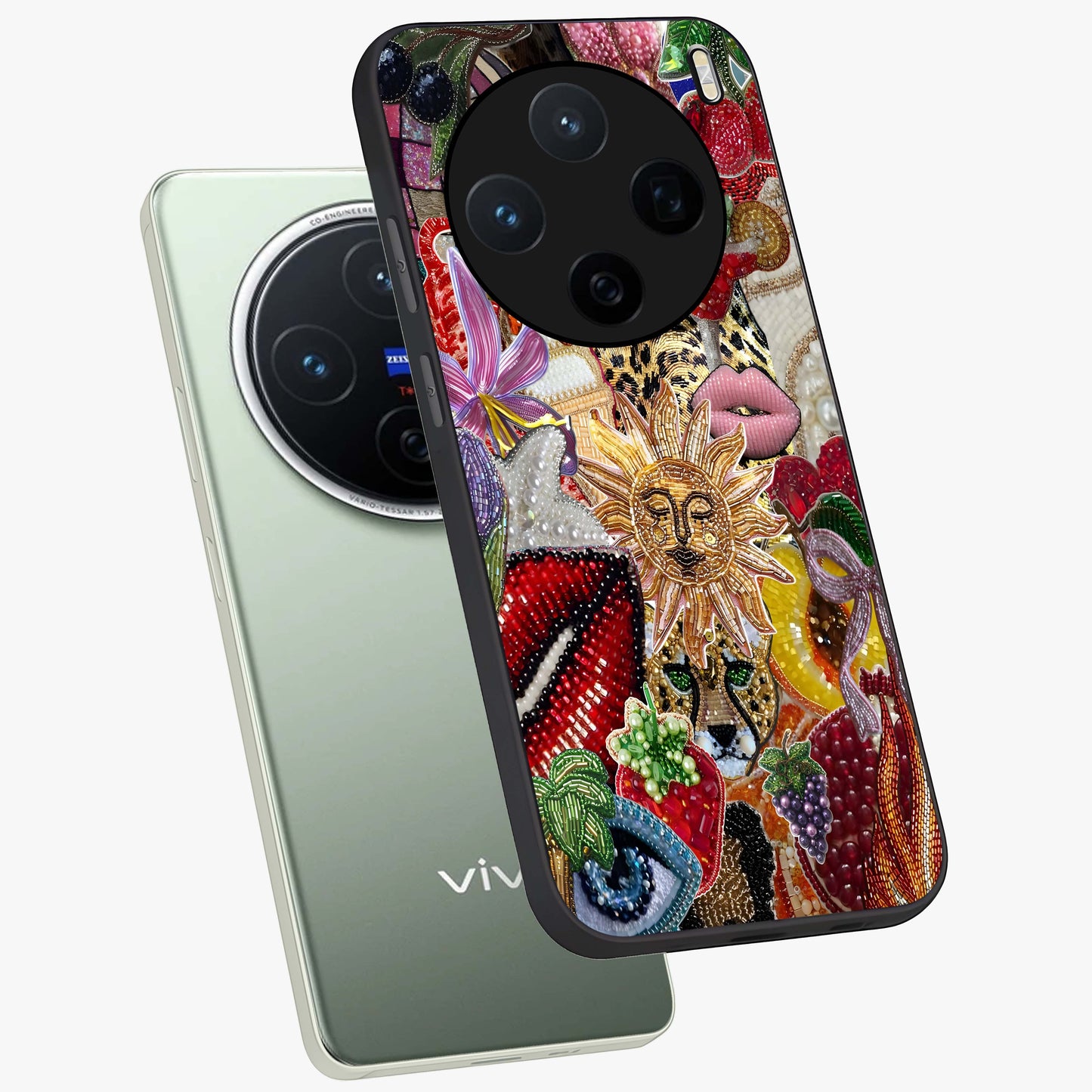 Beaded Fashion Jungle Glass Case displayed in angled mockup highlighting colorful fashion bead design and artistic pattern.