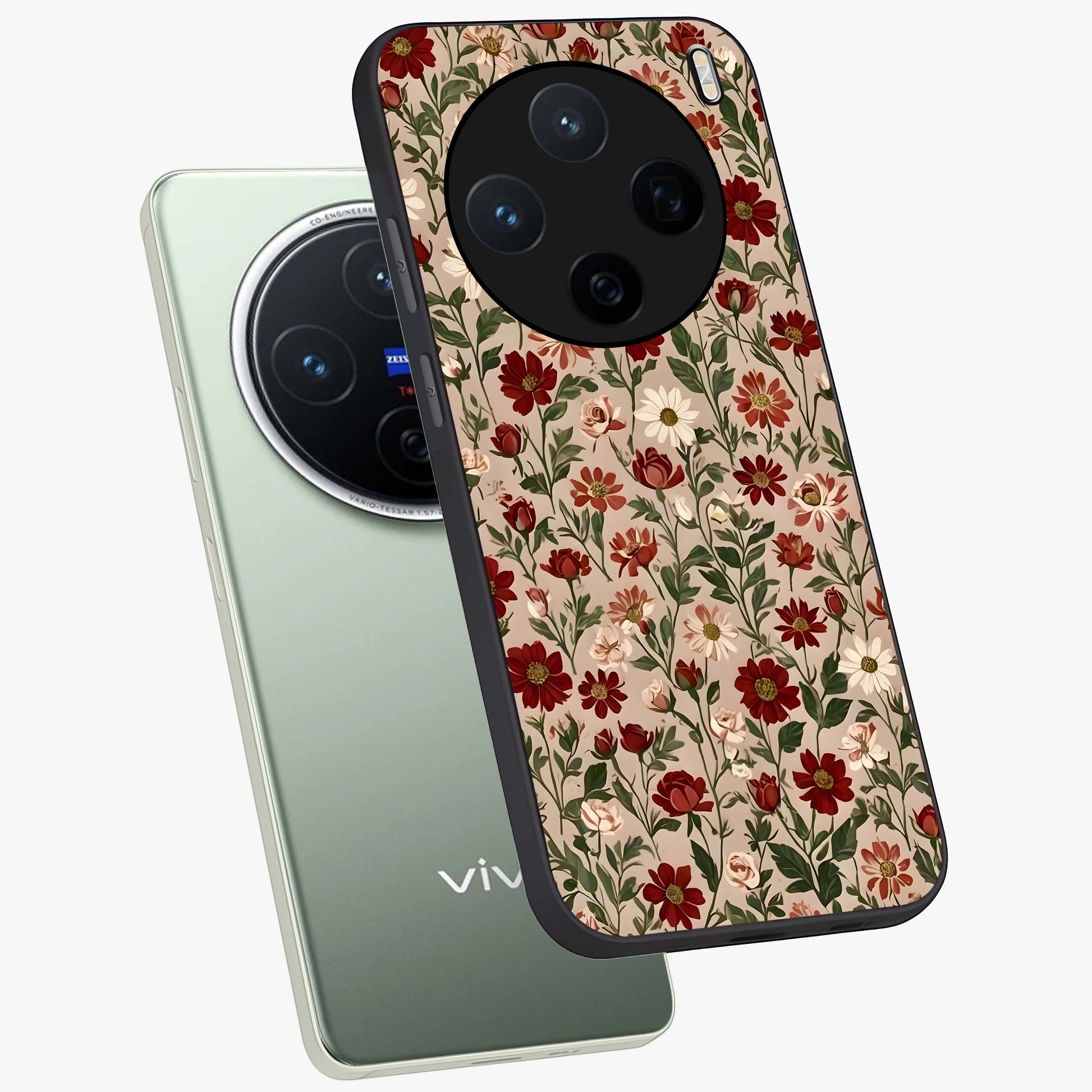 Biege Flower With Leaf Glass Case displayed in angled mockup highlighting minimal floral leaf design and elegant aesthetic.