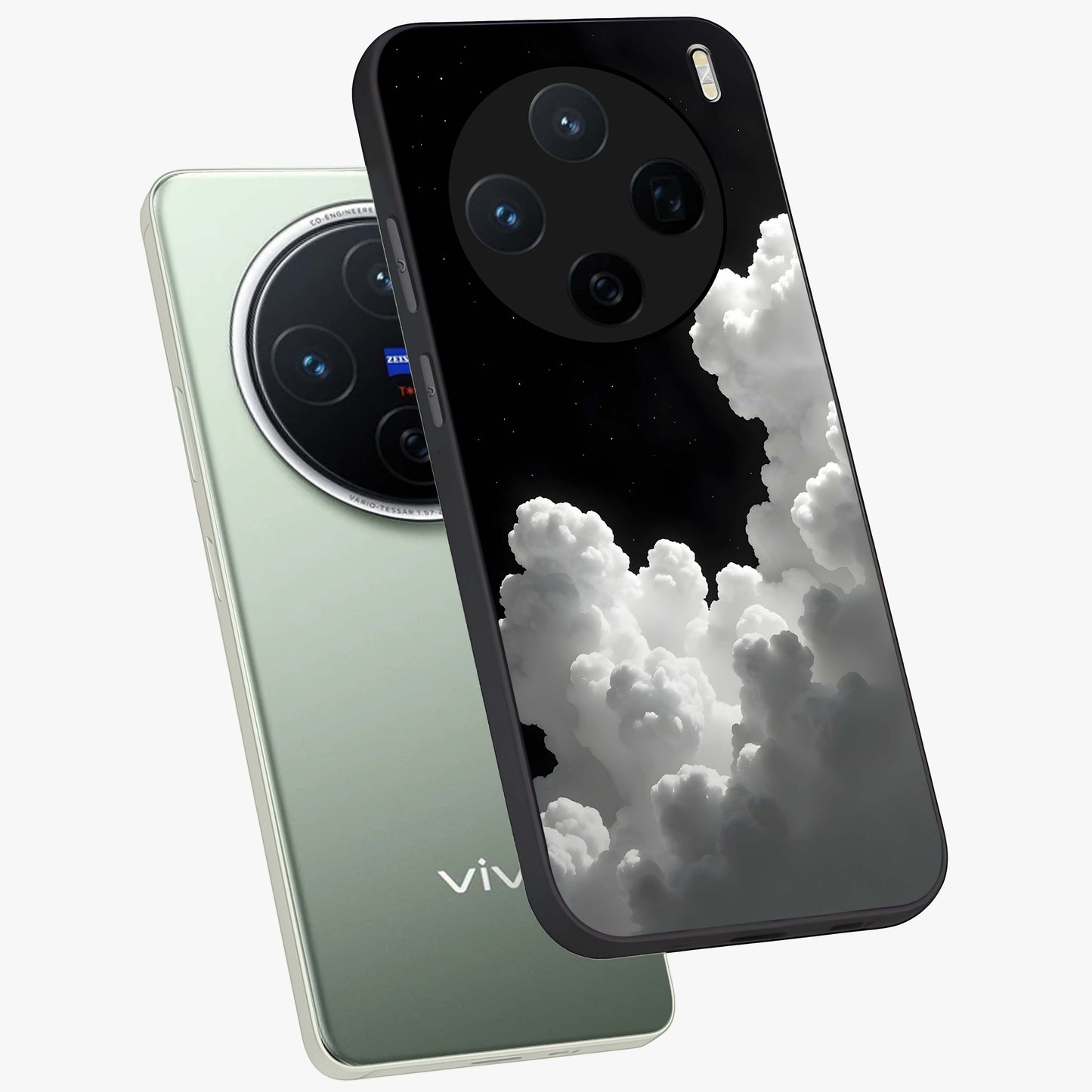 Black Background With White Cloud Glass Case displayed in angled mockup highlighting soft white cloud illustration and minimal design.
