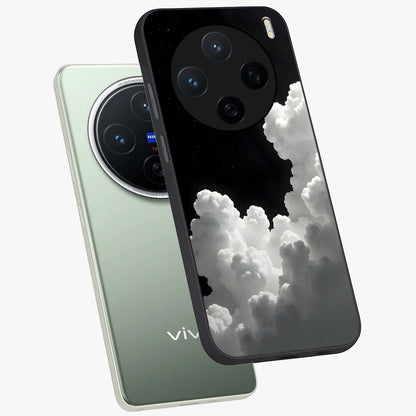 Black Background With White Cloud Glass Case displayed in angled mockup highlighting soft white cloud illustration and minimal design.