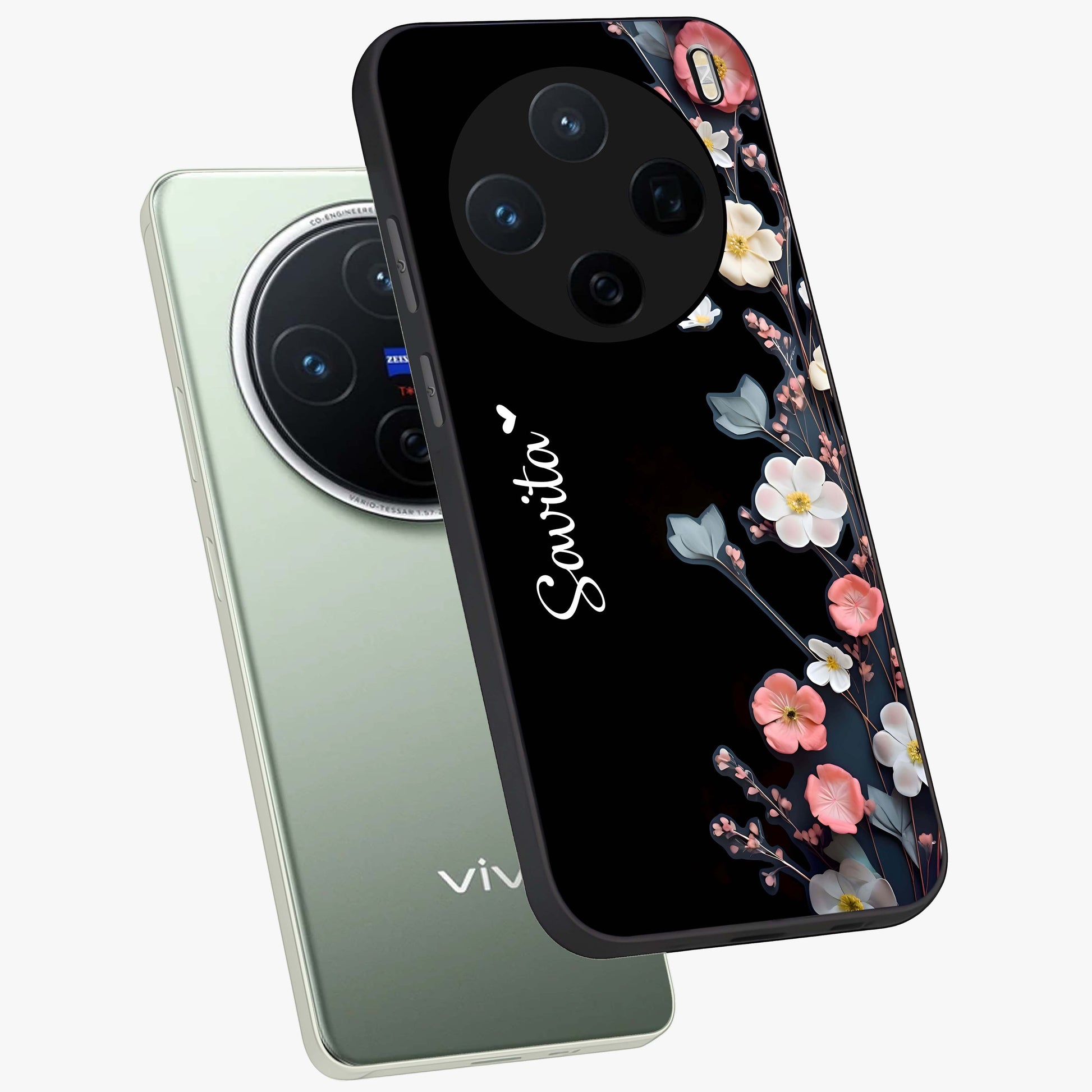 Black Elegance Floral Custom Name Glass Case displayed in angled mockup highlighting dark floral aesthetic and custom name feature.