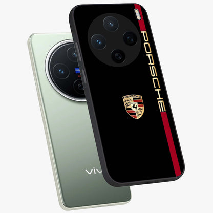 Black Minimal Porsche Glass Case displayed in angled mockup highlighting modern minimal car illustration and clean aesthetic design.
