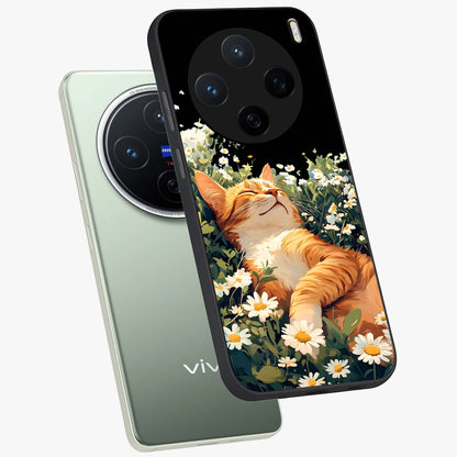 Blissful Bloom Cat Glass Case displayed in angled mockup highlighting playful feline illustration with soft floral aesthetic.