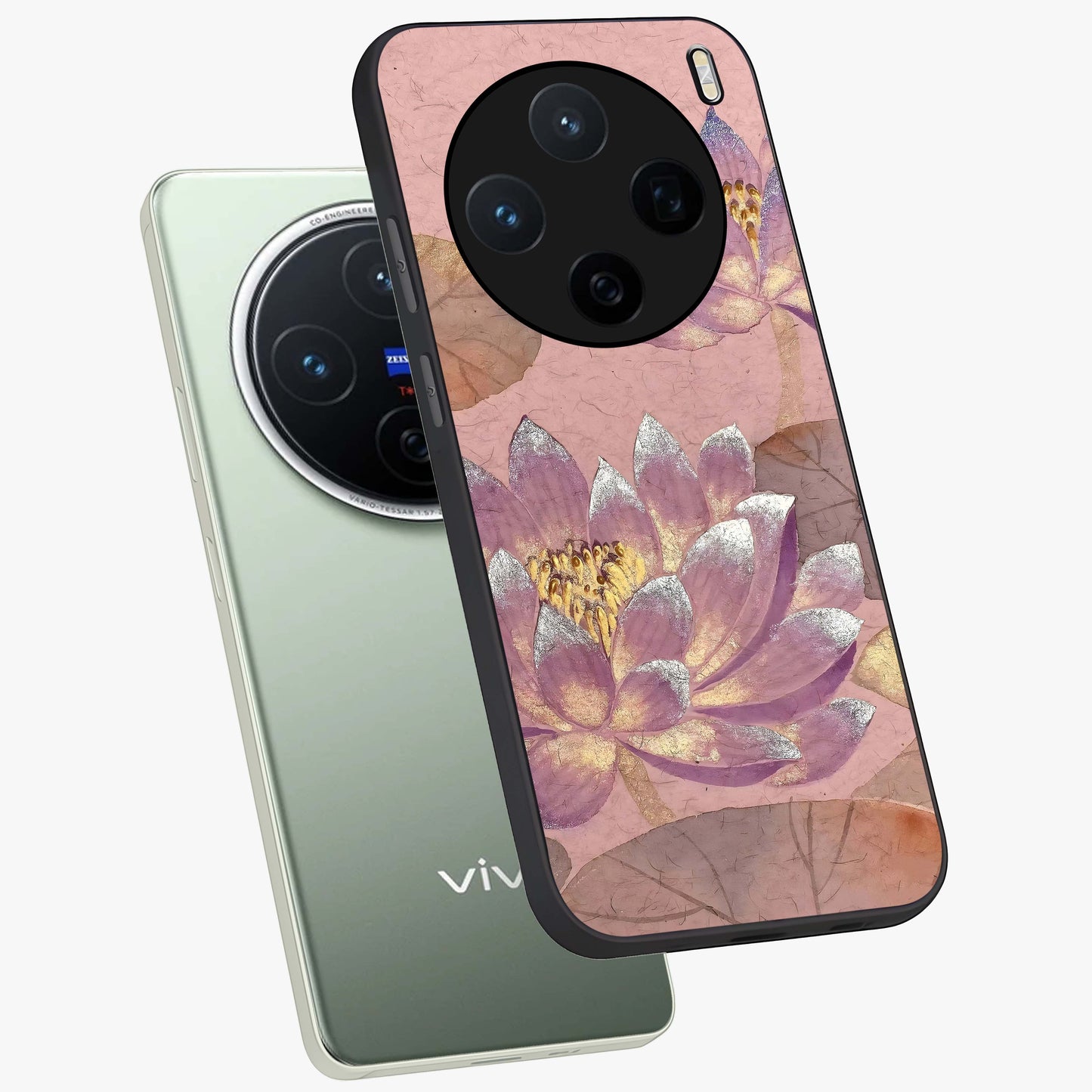 Blossom Mist Lotus Glass Case displayed in angled mockup highlighting delicate lotus illustration with calm aesthetic theme.