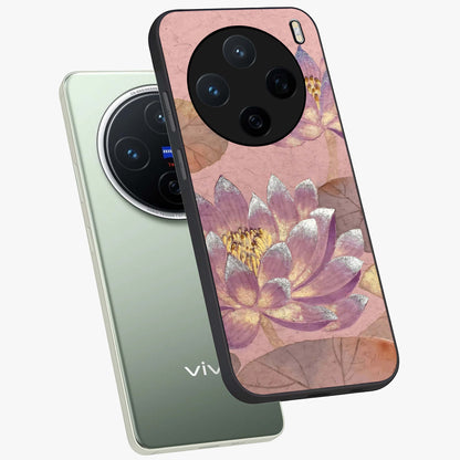 Blossom Mist Lotus Glass Case displayed in angled mockup highlighting delicate lotus illustration with calm aesthetic theme.