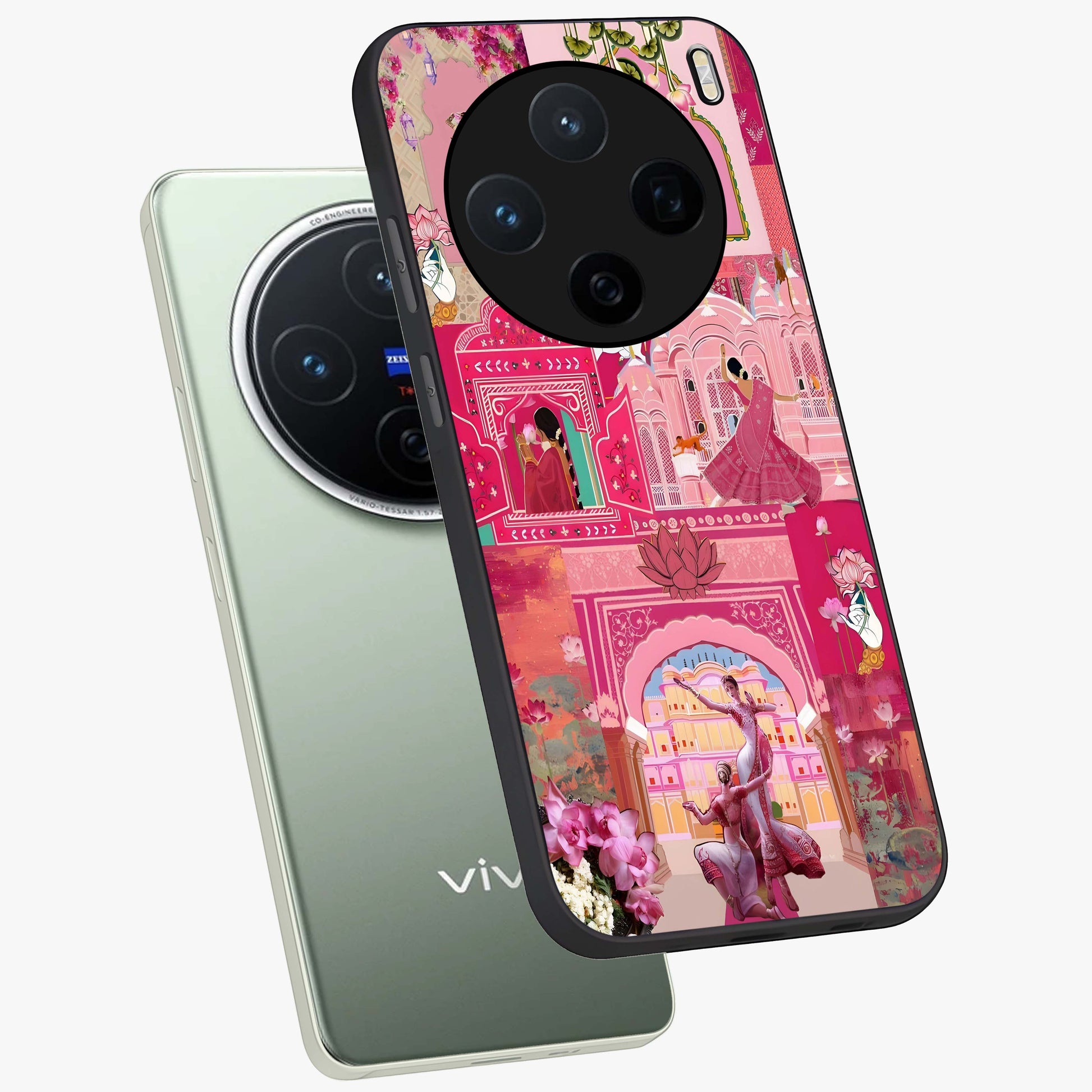 Blossoms of Rajasthan Glass Case displayed in angled mockup highlighting vibrant floral pattern with cultural aesthetic style.