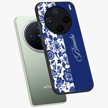 Blue Vintage Floral Pattern Glass Case displayed in angled mockup highlighting subtle bloom pattern with aesthetic pastel design.