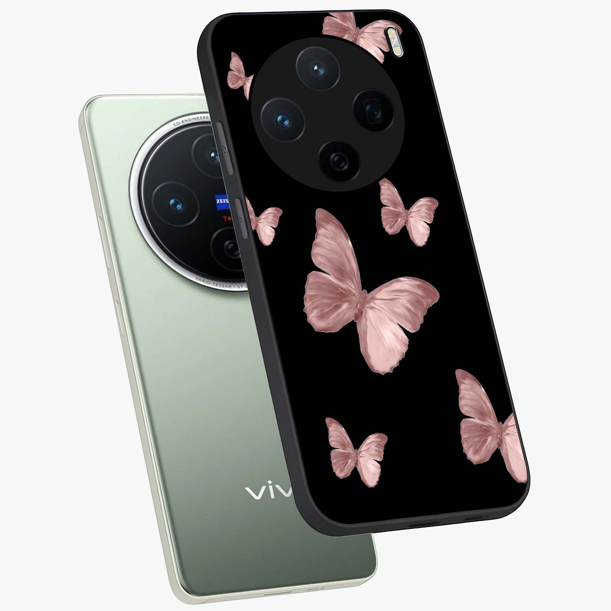 Butterfly Pattern Glass Case displayed in angled mockup highlighting delicate butterfly design and aesthetic pattern style.