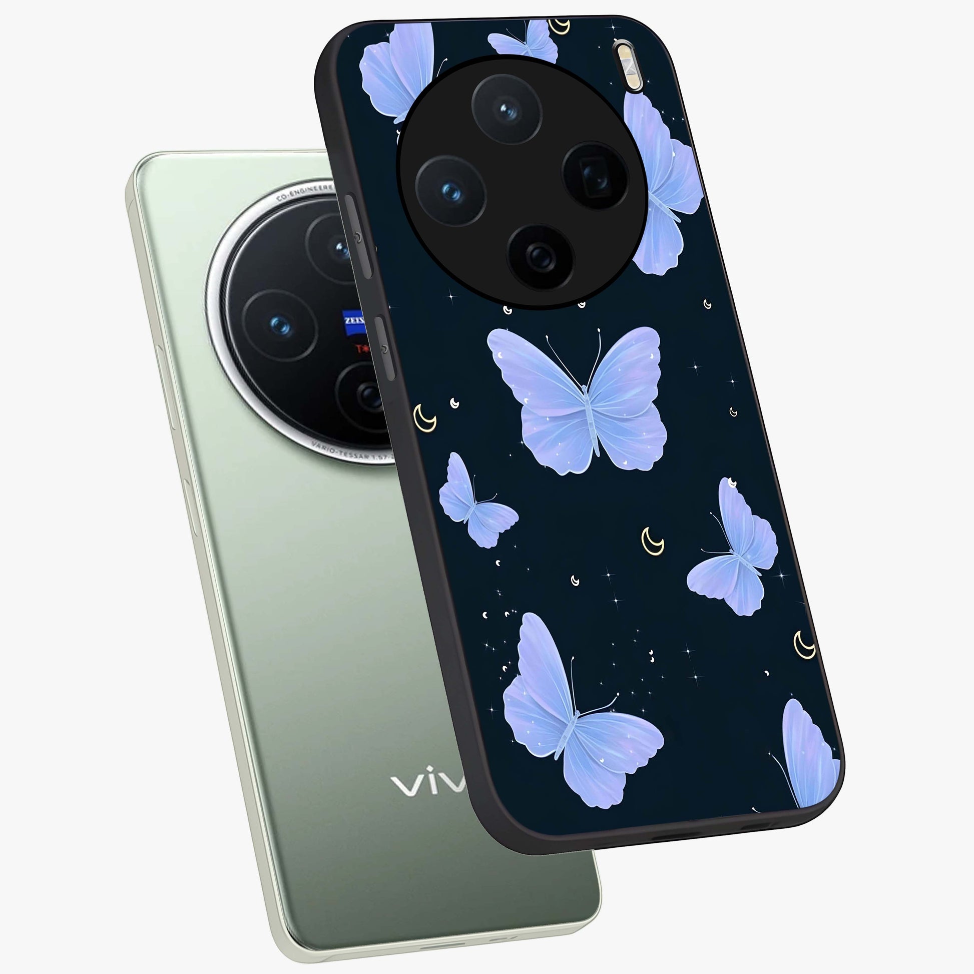 Butterfly With Stars Pattern Glass Case displayed in angled mockup highlighting dreamy butterfly and star design with aesthetic theme.