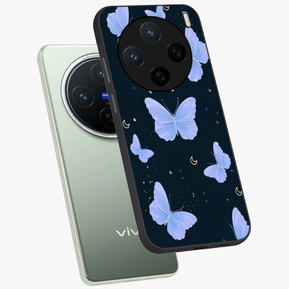 Butterfly With Stars Pattern Glass Case displayed in angled mockup highlighting dreamy butterfly and star design with aesthetic theme.