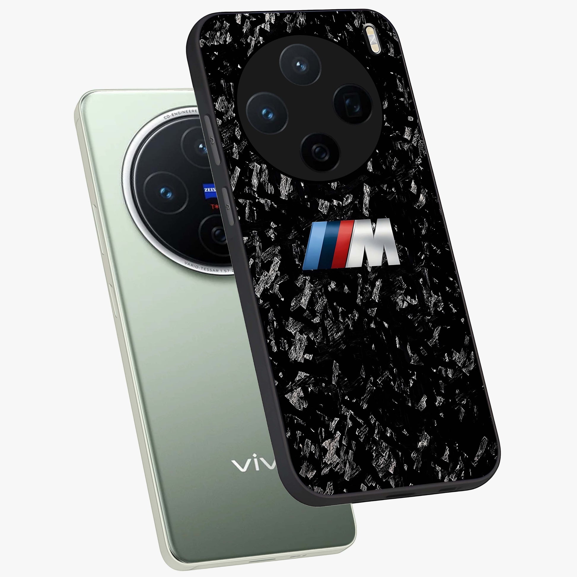 Carbon Speed Mark Glass Case displayed in angled mockup highlighting racing inspired carbon design and sleek aesthetic style.