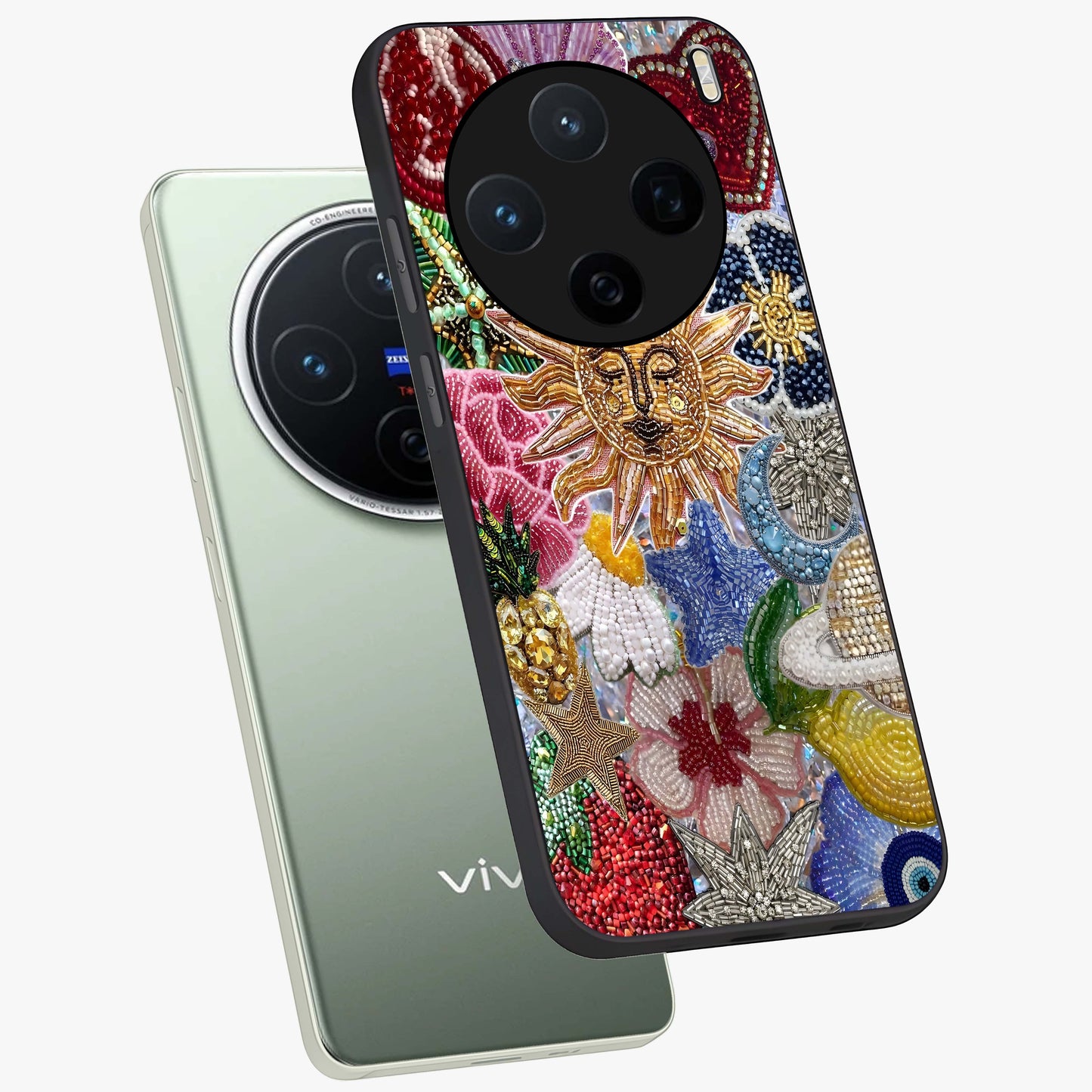 Celestial Floral and Playful Glass Case displayed in angled mockup highlighting playful floral design with dreamy celestial elements.