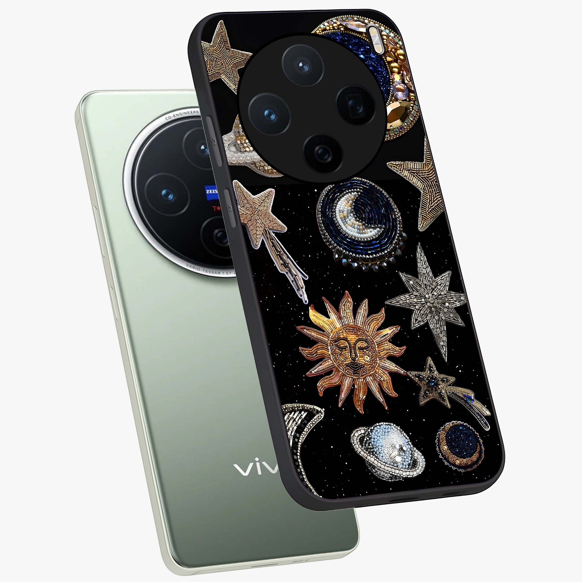 Celestial Gem Constellations Glass Case displayed in angled mockup highlighting gemstone inspired constellation design.