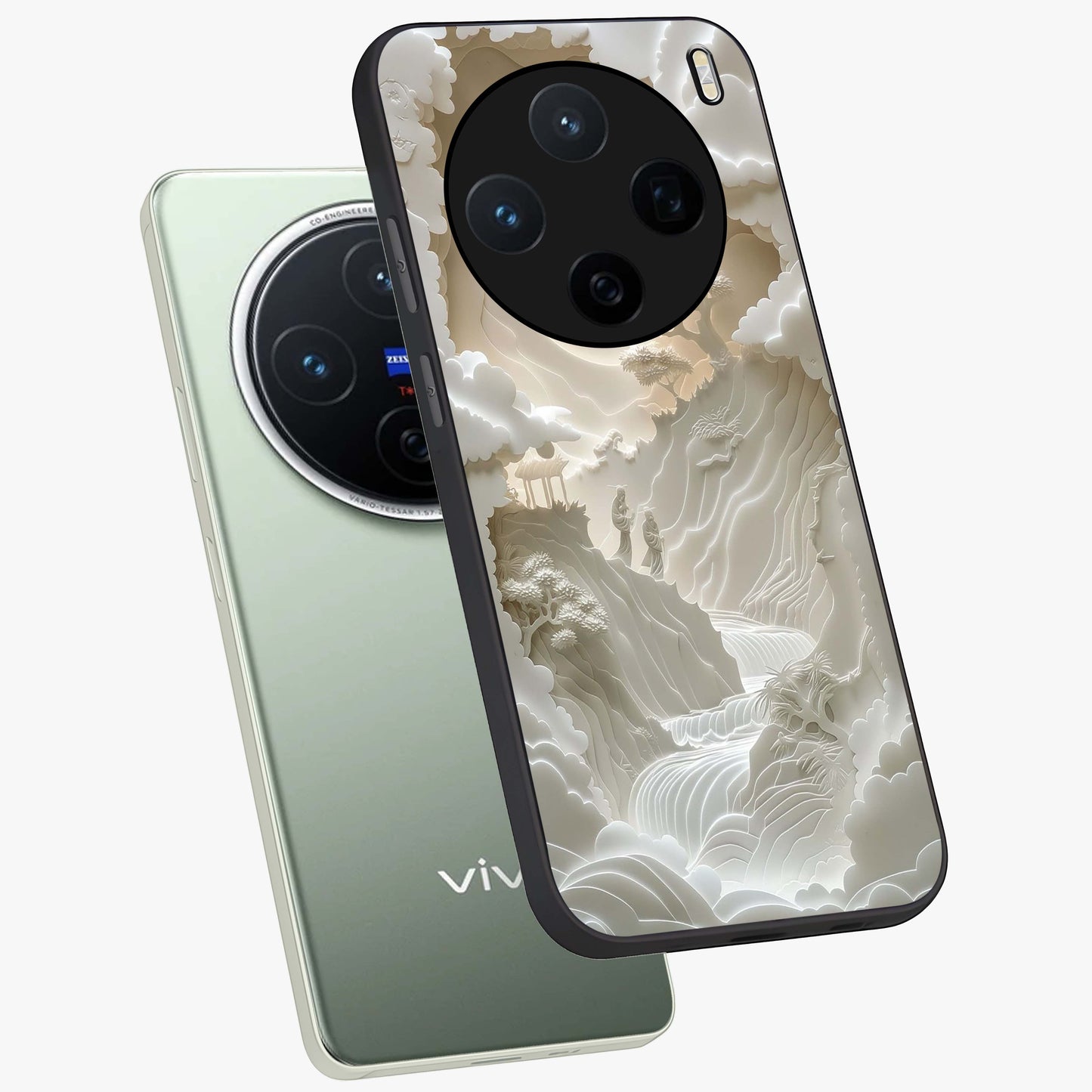 Celestial Origami Glass Case displayed in angled mockup highlighting geometric origami design with cosmic aesthetic theme.
