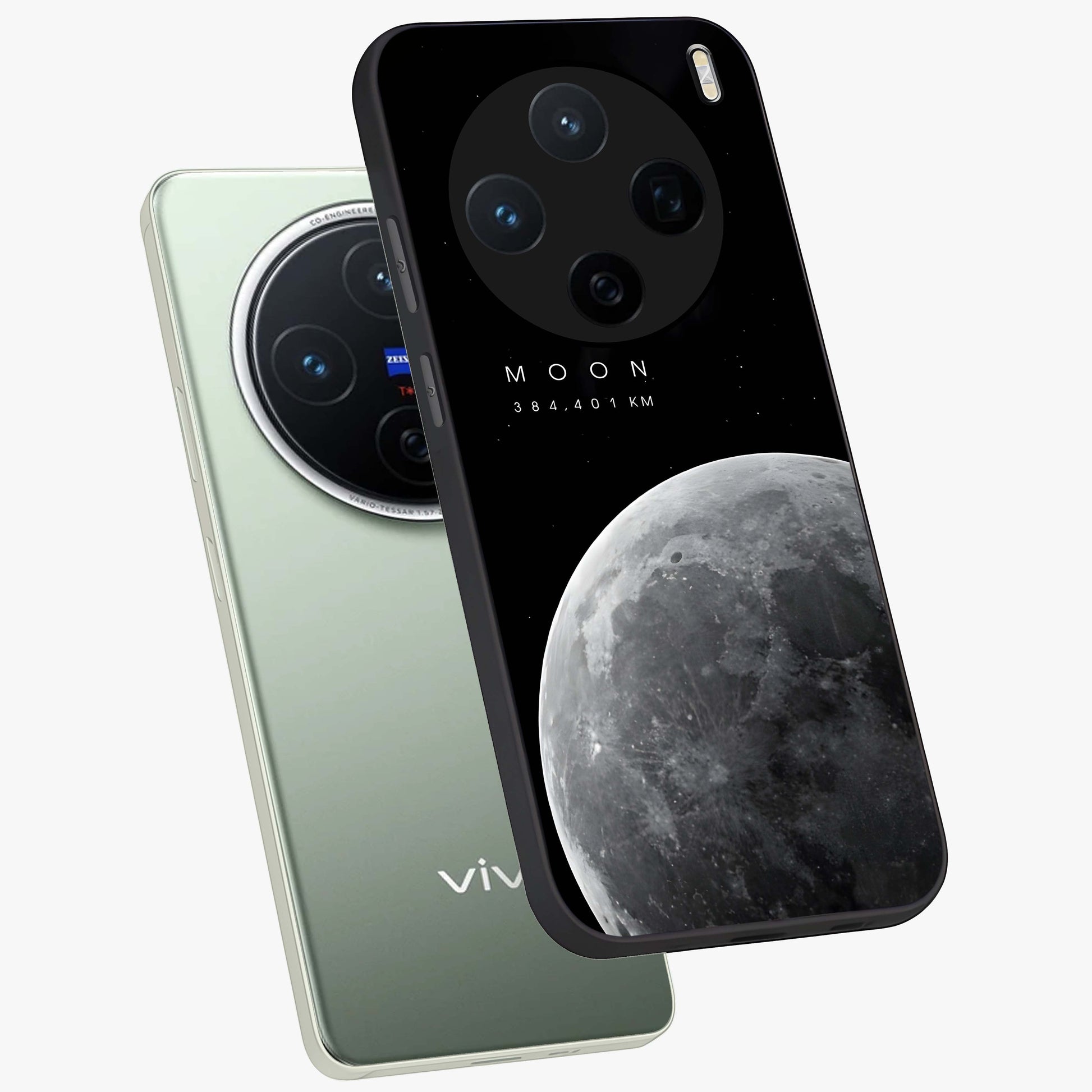 Cosmic Moon Glow Glass Case displayed in angled mockup highlighting celestial moon design with cosmic aesthetic theme.