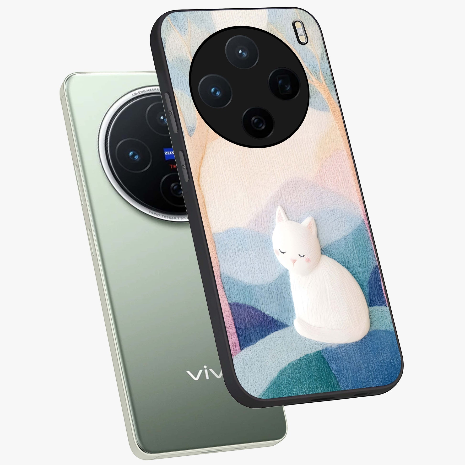 Cotton Dream Cat Glass Case displayed in angled mockup highlighting cute feline illustration with pastel aesthetic style.