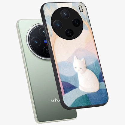 Cotton Dream Cat Glass Case displayed in angled mockup highlighting cute feline illustration with pastel aesthetic style.
