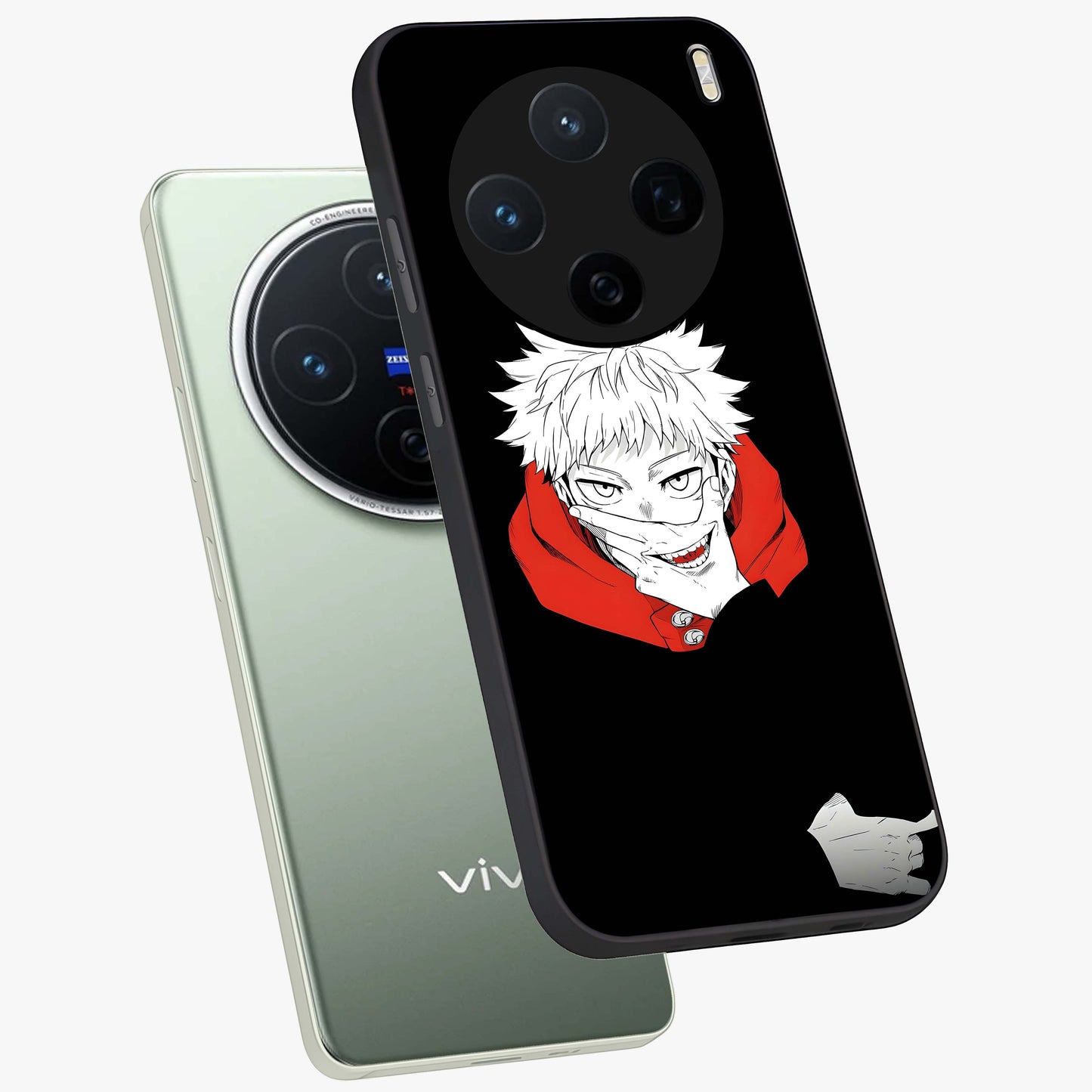 Crimson Chaos Smile Glass Case displayed in angled mockup highlighting edgy crimson smile design with graphic aesthetic.