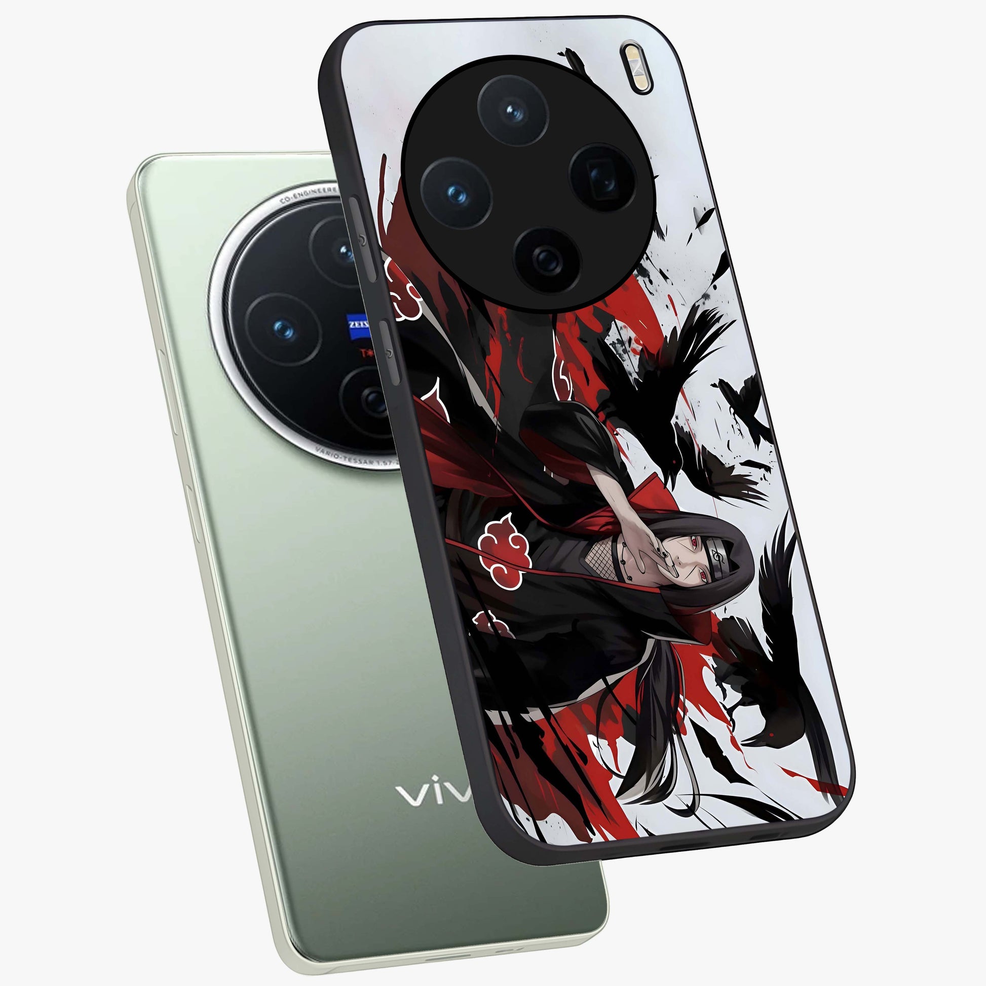 Crimson Crow Illusion Glass Case displayed in angled mockup highlighting mysterious crow graphic with dark aesthetic style.