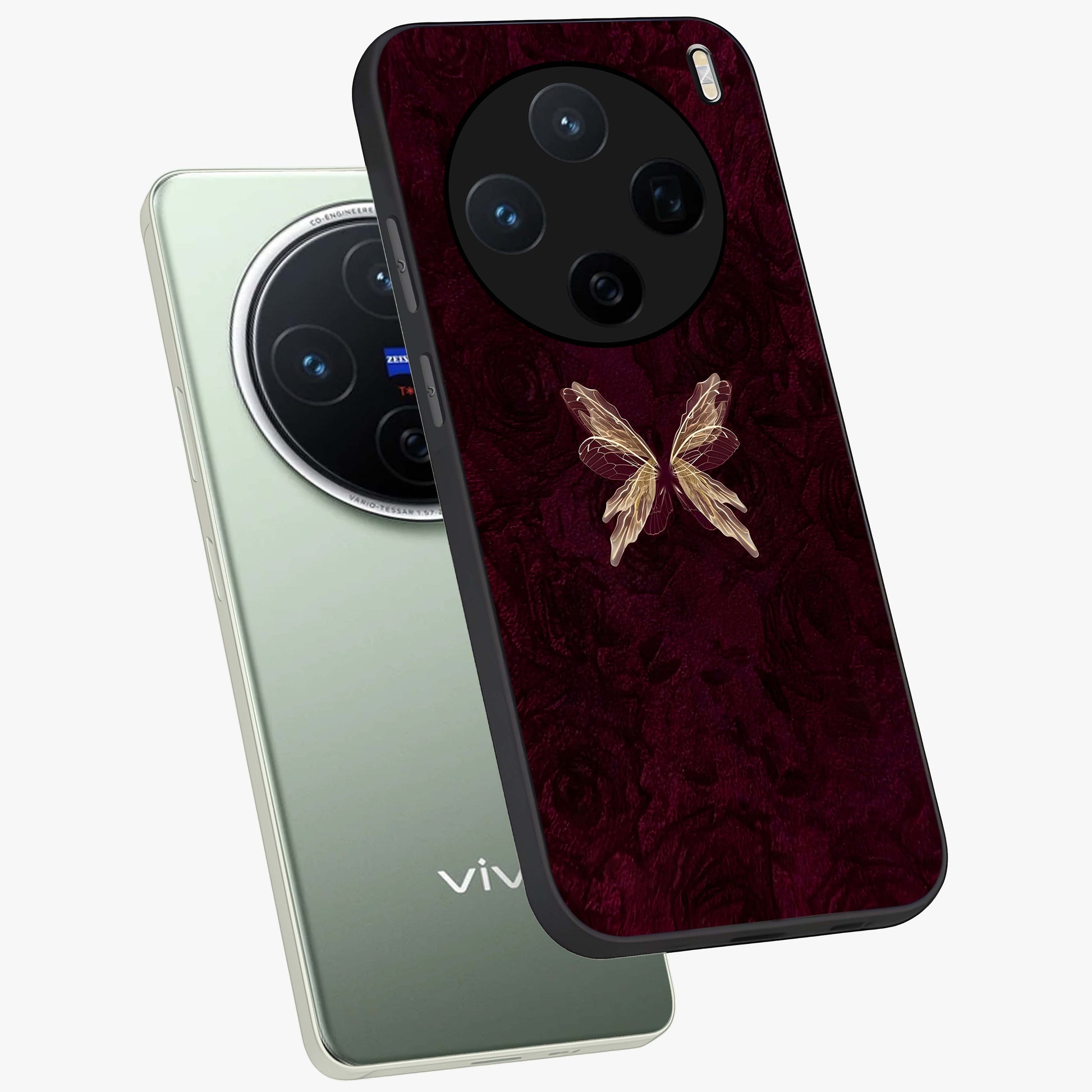Crimson Fade Butterfly Glass Case displayed in angled mockup highlighting elegant butterfly design with crimson gradient aesthetic.
