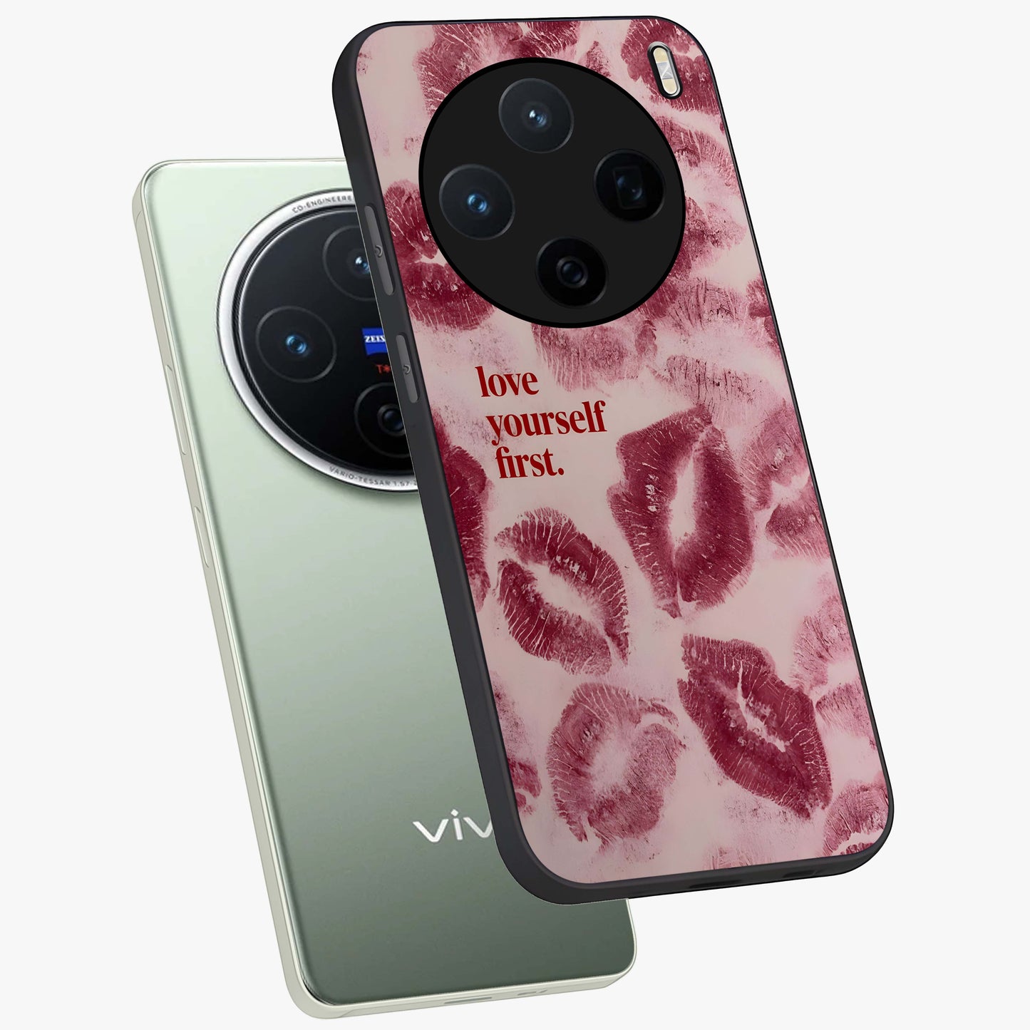 Crimson Kiss Love Glass Case displayed in angled mockup highlighting bold love inspired design with modern aesthetic style.