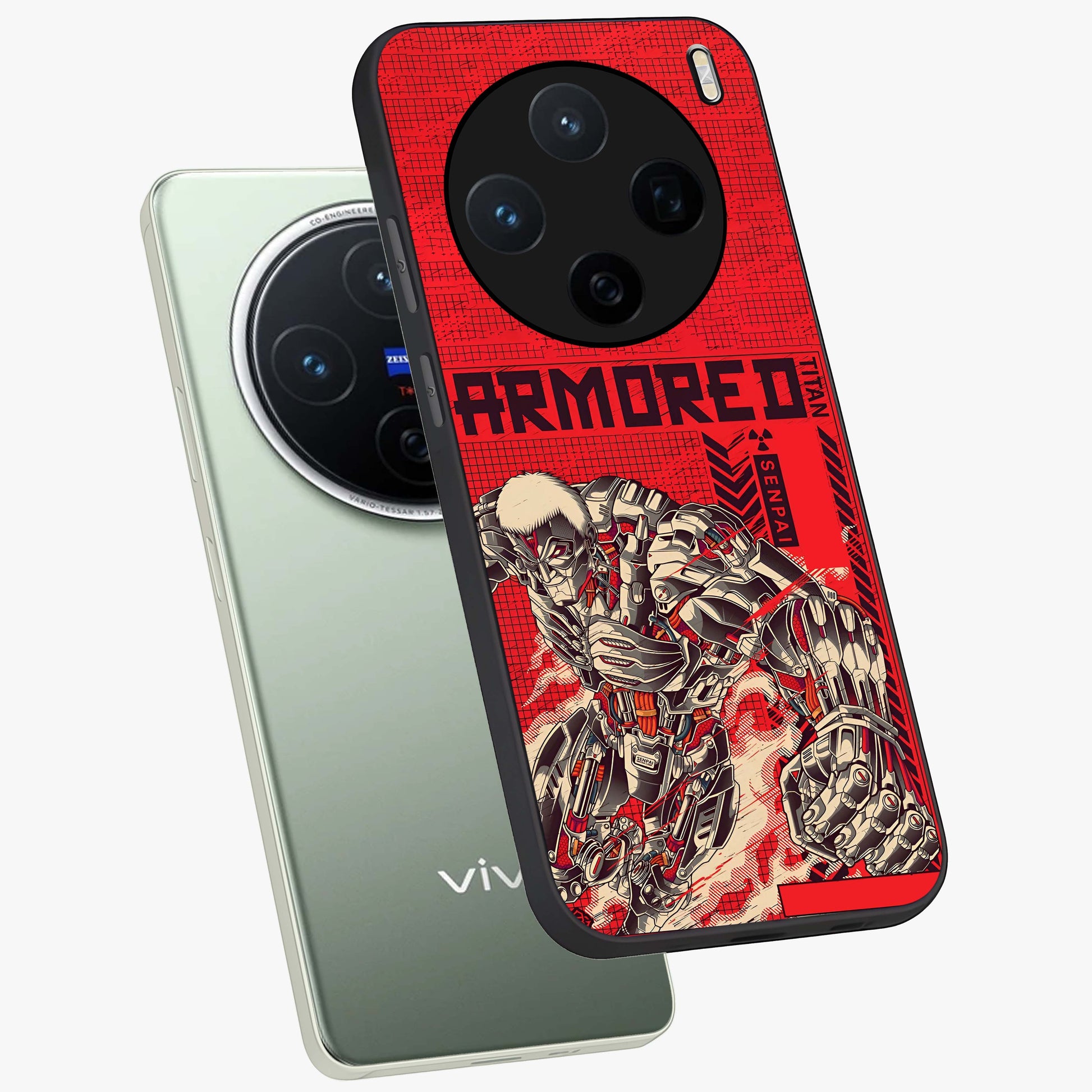 Crimson Mecha Titan Glass Case displayed in angled mockup highlighting futuristic mech illustration with bold crimson aesthetic.
