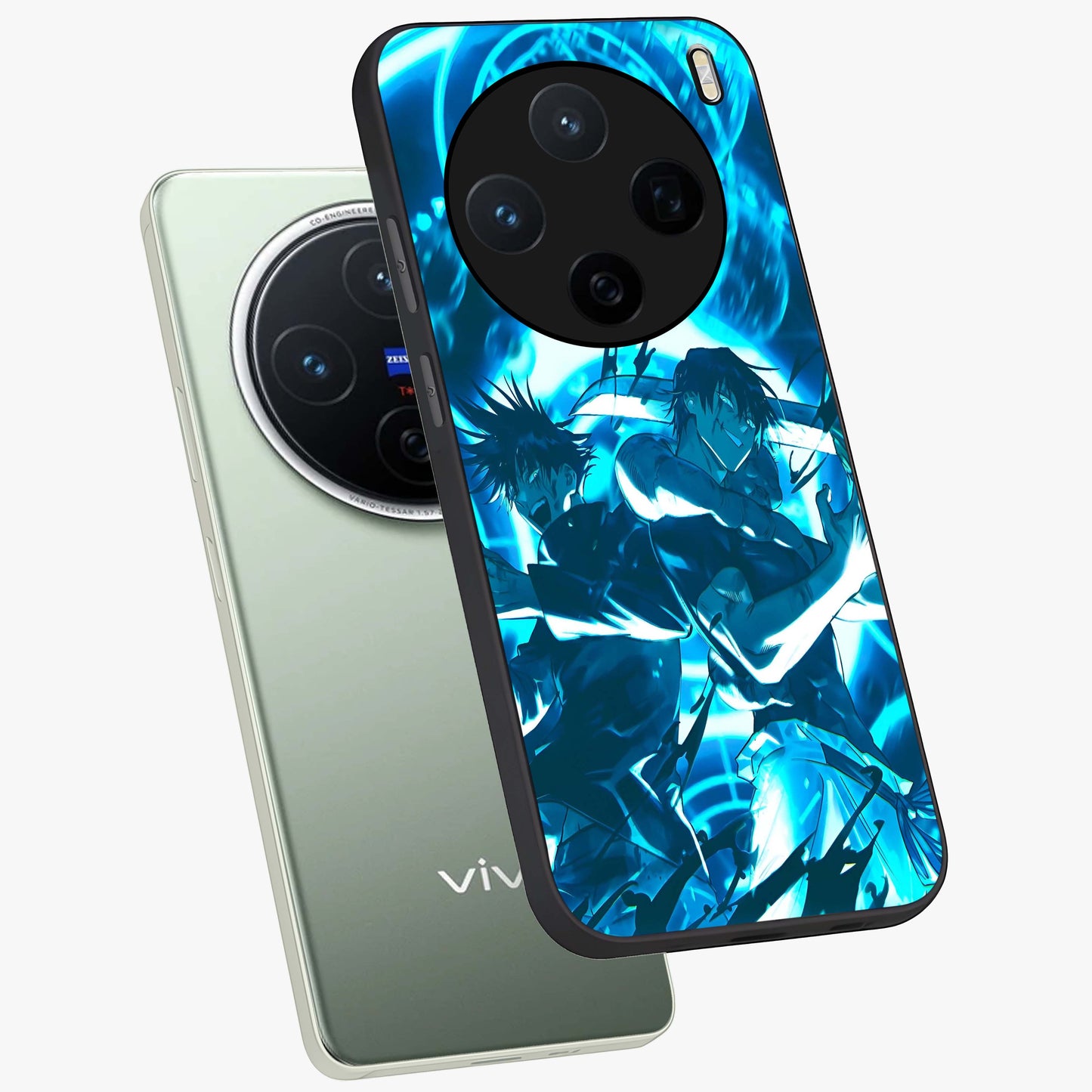 Cursed Energy Clash Glass Case displayed in angled mockup highlighting powerful battle inspired graphic with anime style aesthetic.